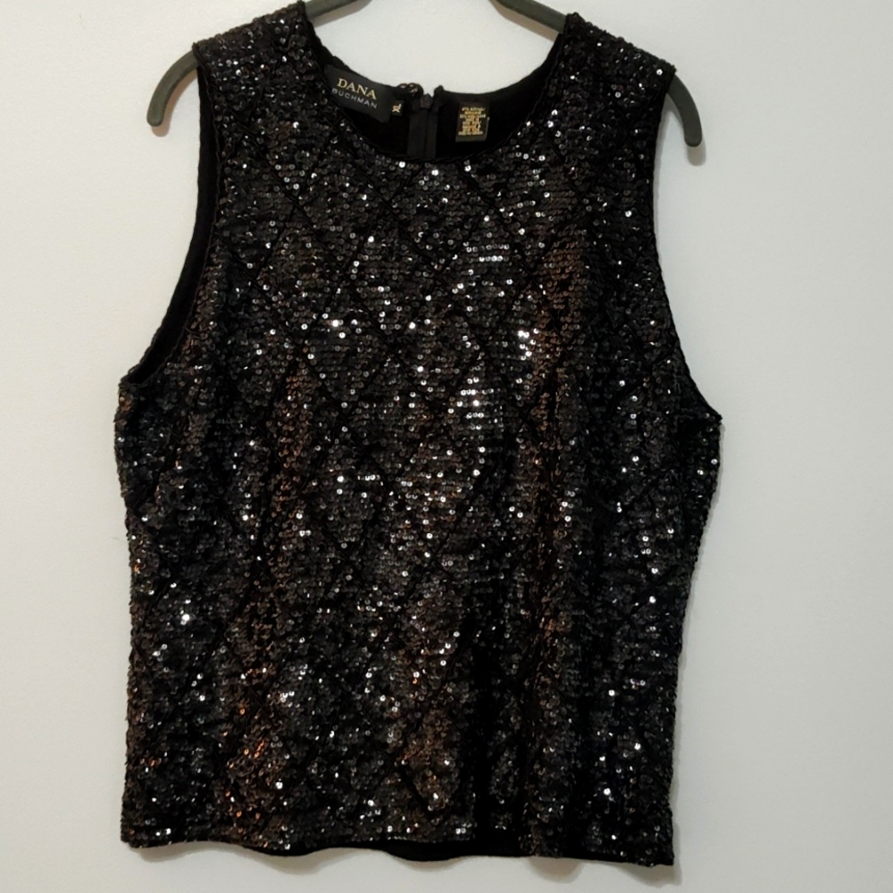 Dana Buchman Sleeveless Sequined Evening Top Black XL Formal Holiday Party NYE